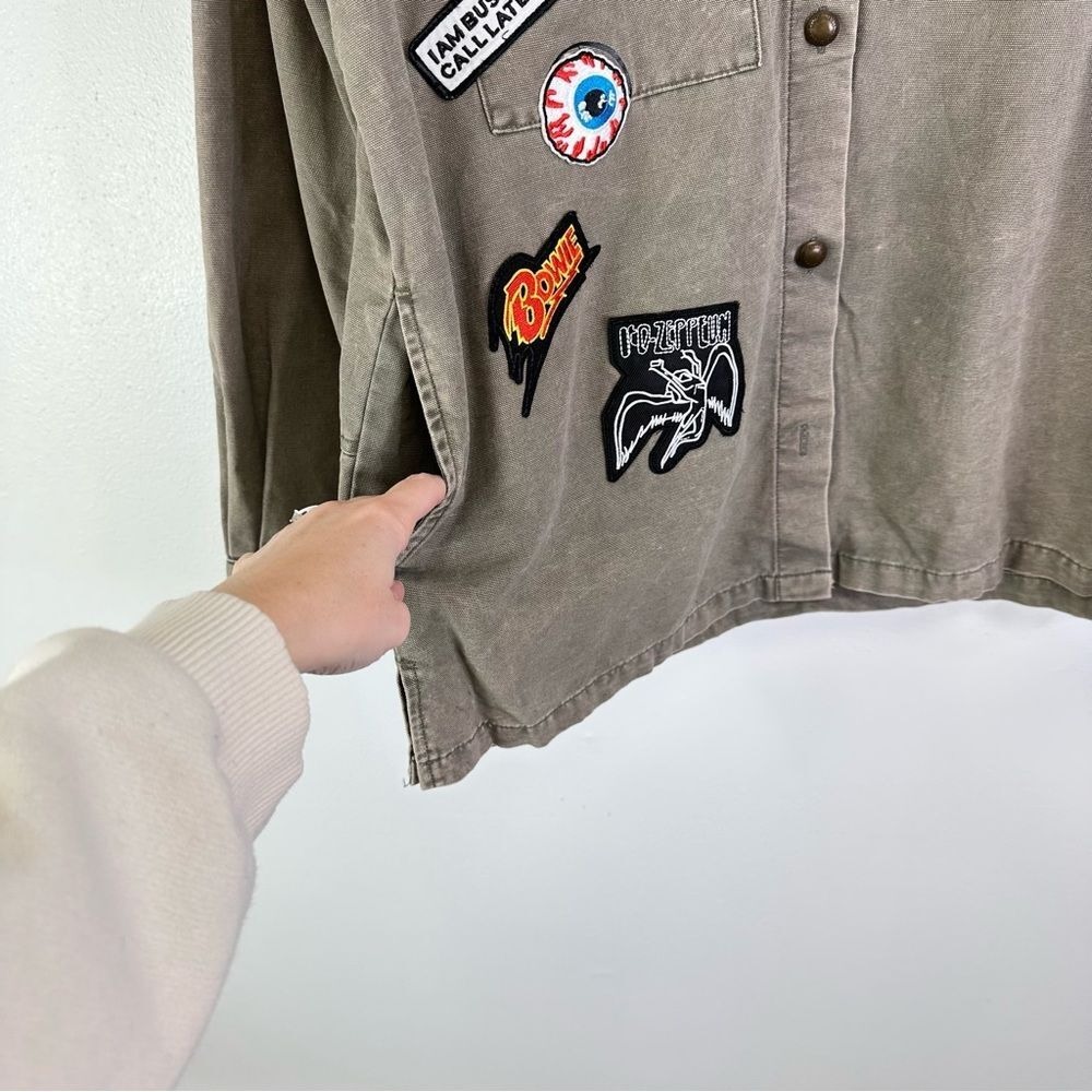 Zara Basics Customized Band Patches Button Up Grey Green Size M - Picture 6 of 6
